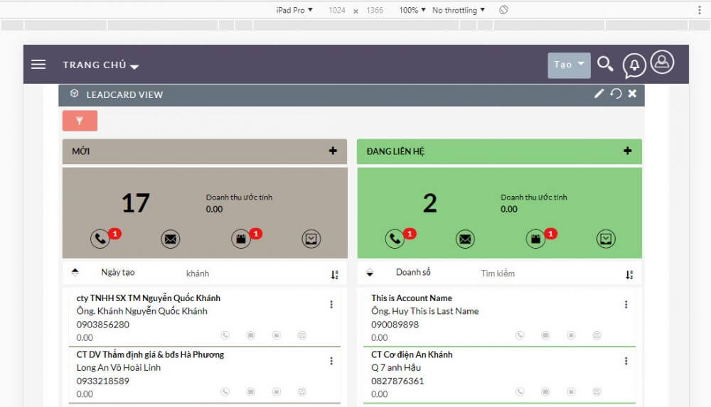 Tính năng quản lý leadcard view trên crm