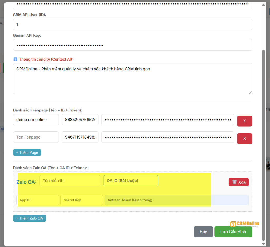 HƯỚNG DẪN TÍCH HỢP CHATBOT AI CRMONLINE VÀO HỆ THỐNG ZALO OA