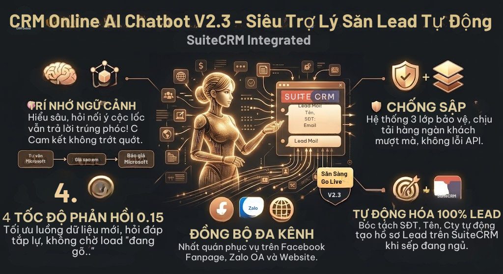 Giao diện AI Chatbot tích hợp CRMOnline tự động bắt Lead Trải nghiệm AI Chatbot V2.3 từ CRMOnline: Nhớ ngữ cảnh đỉnh cao, phản hồi 0.1s, tự động bắt SĐT tạo Lead trên SuiteCRM. Tự động hóa đa kênh ngay hôm nay!