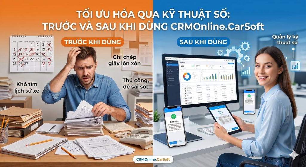 Khám phá phần mềm nhắc lịch bảo dưỡng ô tô CRMOnline.CarSoft: Tự động nhắn tin Zalo, quản lý lịch sử xe và tối ưu doanh thu gara.