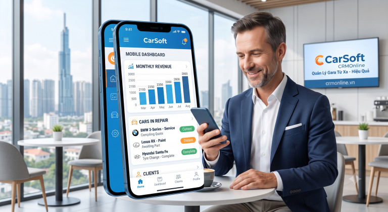 Quản lý gara từ xa bằng điện thoại với CarSoft giúp chủ gara kiểm soát hoạt động, doanh thu, công nợ và kho ngay cả khi vắng mặt.