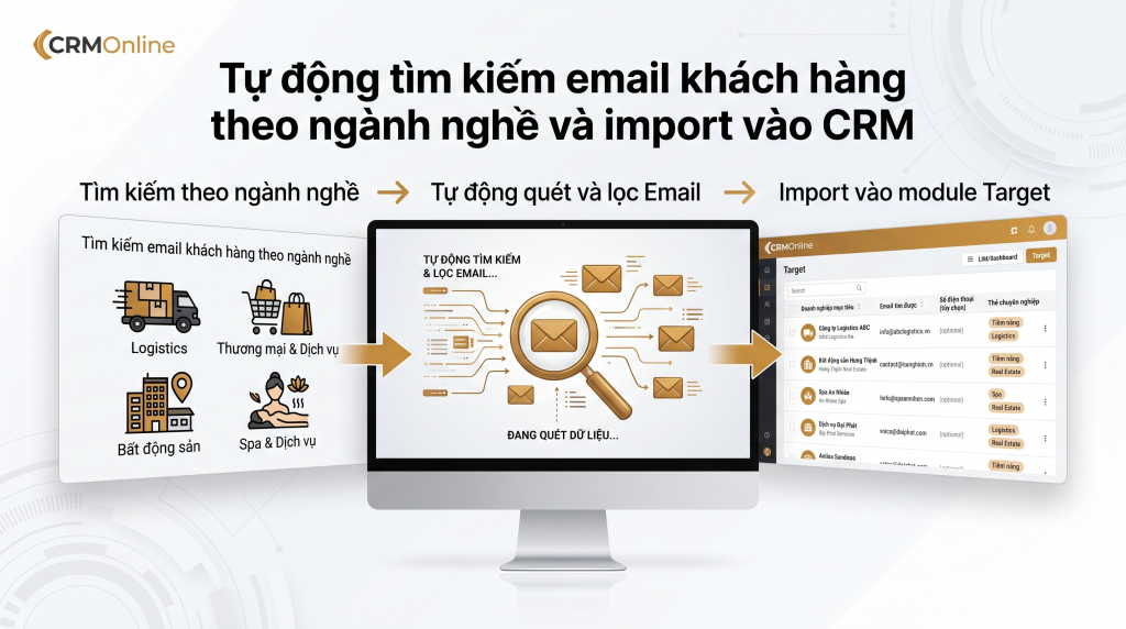 CRMOnline hỗ trợ quét và tìm kiếm email khách hàng theo ngành nghề, tự động import dữ liệu vào module Khách hàng mục tiêu (Target), giúp tối ưu quy trình tìm kiếm khách hàng tiềm năng.